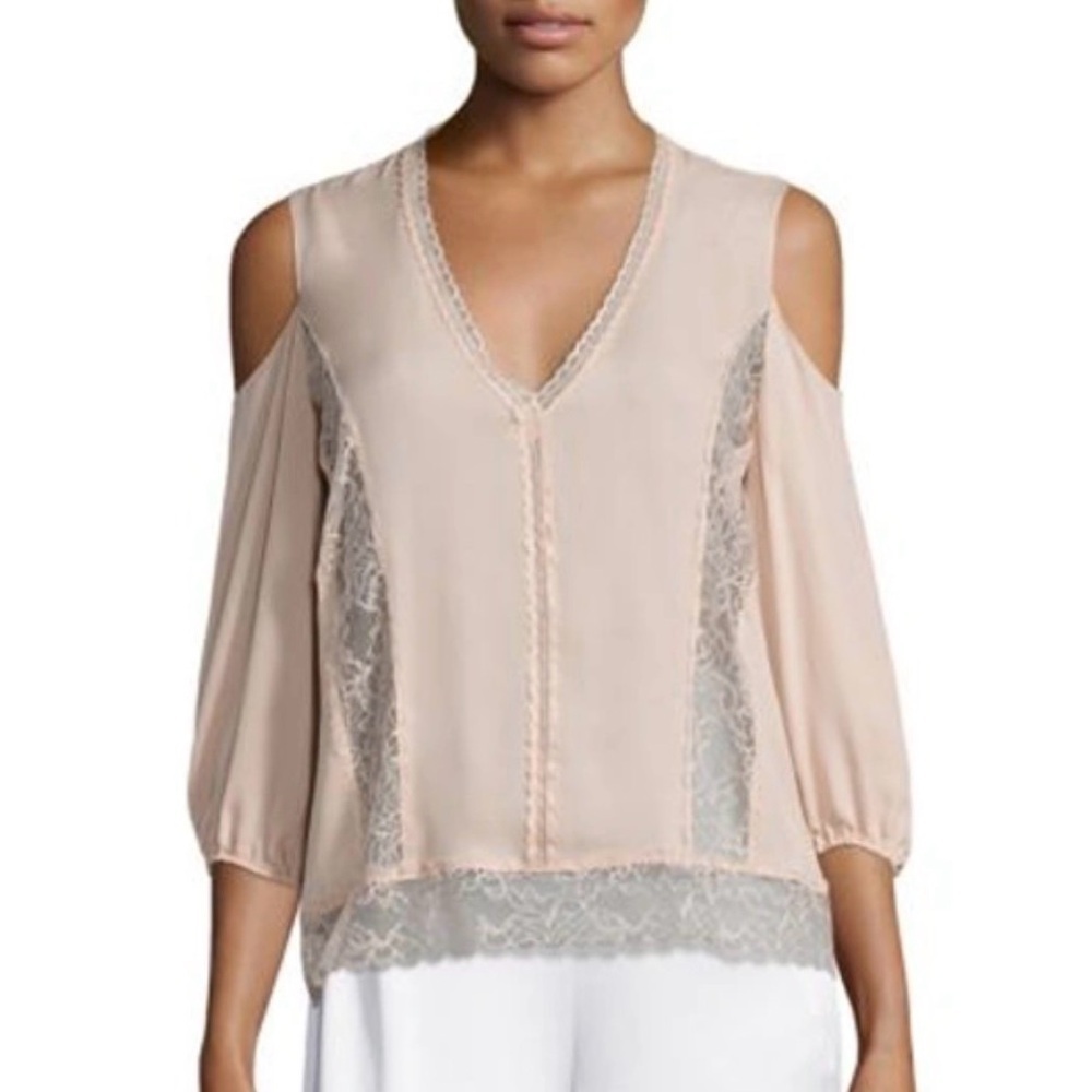 Alice + Olivia XS Dust Pink Farah Sheer Lace Cold Shoulder Silk Top Romantic